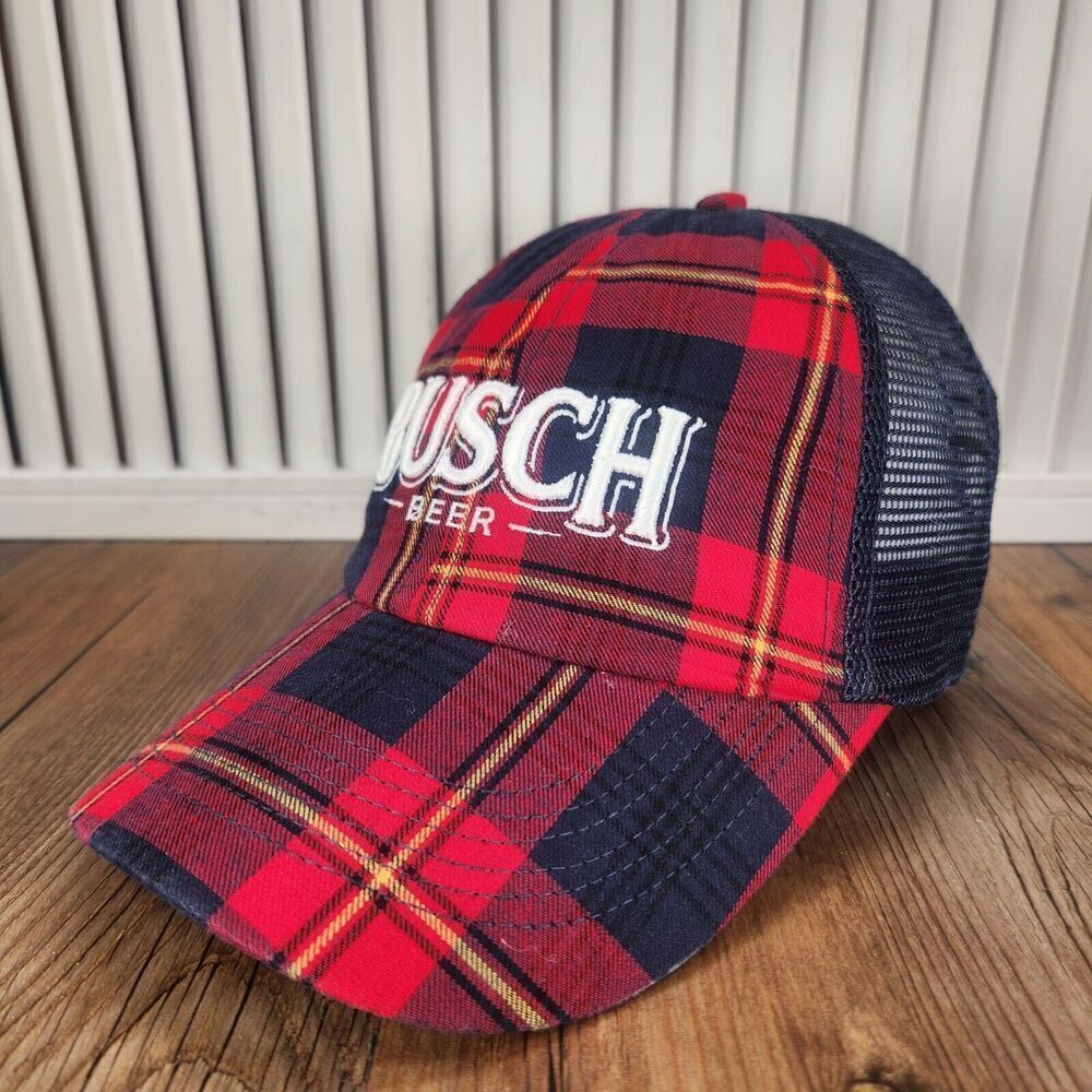 Busch Beer Hat Cap Snapback Red Blue Plaid Lumberjack Mens Outdoors Rugged Adams